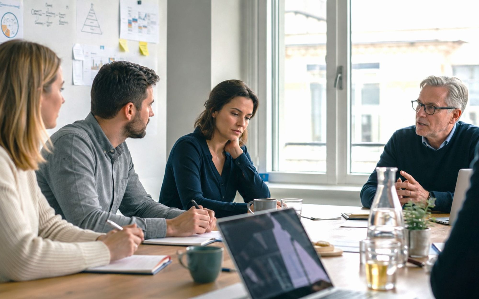 Leidinggevende in gesprek met medewerkers over werk en werkbelasting