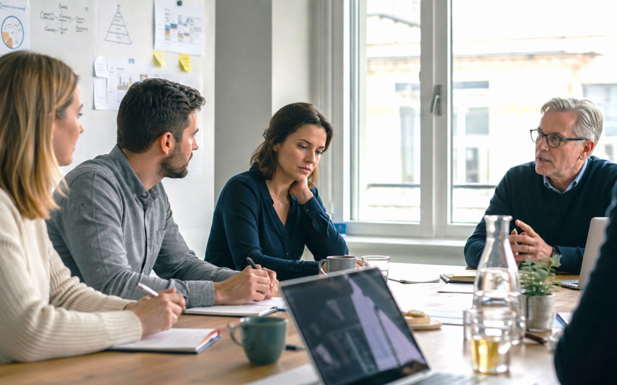 Leidinggevende in gesprek met medewerkers over werk en werkbelasting
